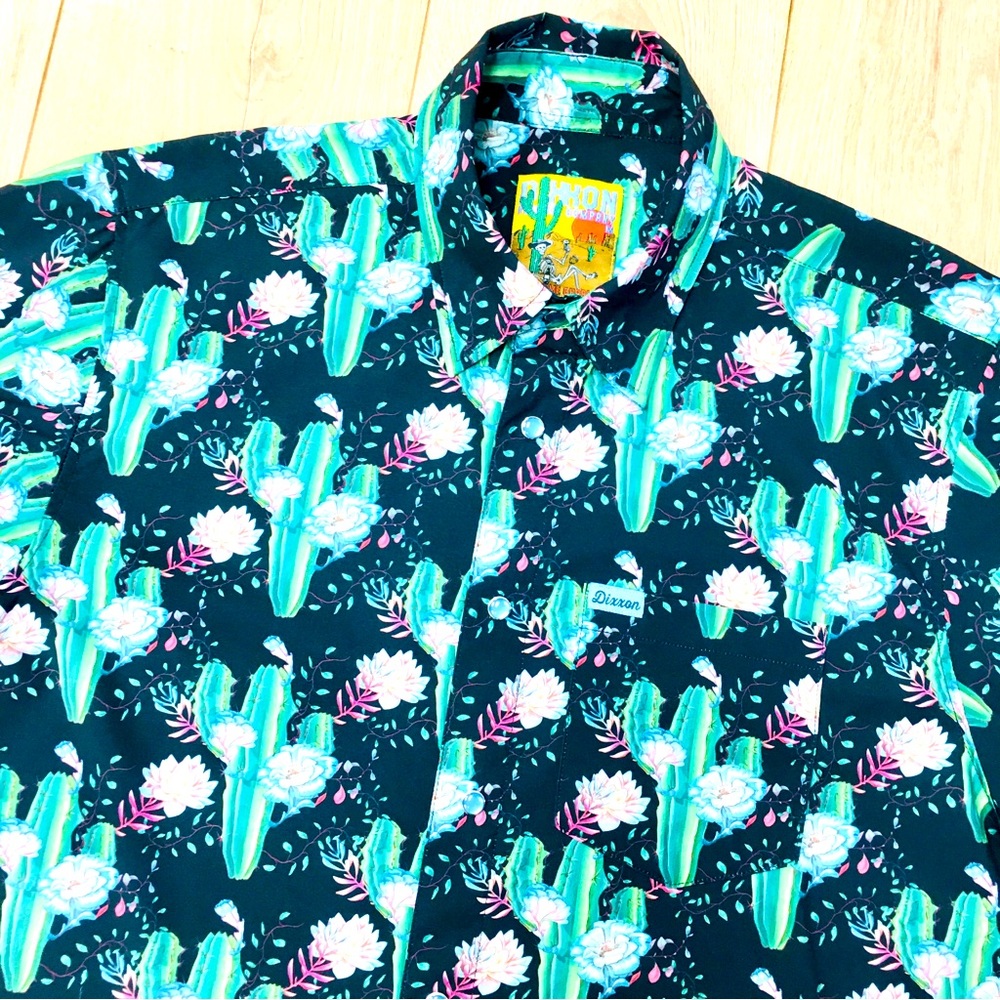 Dixon Men's Teal Cactus saguaro Button Up Shirt green western Arizona medium